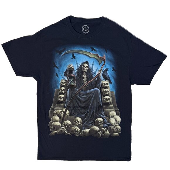 Y2K Skeleton Grim Reaper Skull Throne Horror Black Crow Tshirt - M - Picture 1 of 4